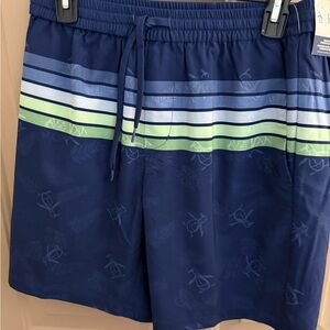 Original Penguin Navy Swim Trunks with Stripes